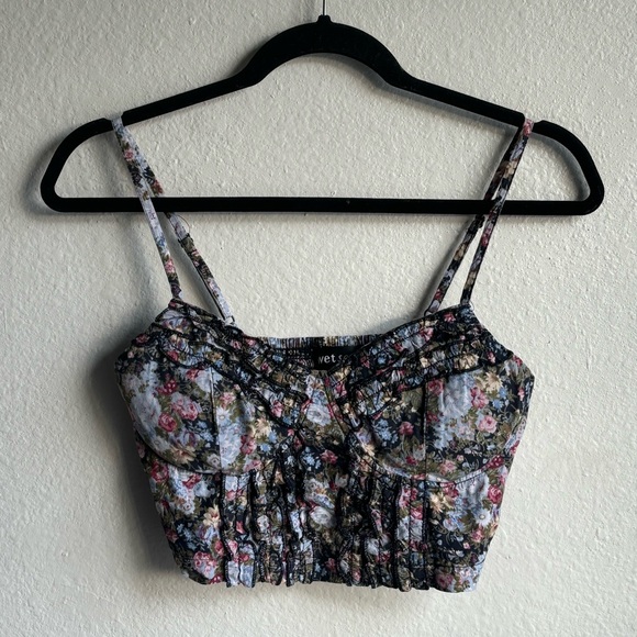 Y2K Wet Seal Floral Print Whimsygoth Ruffle Bustier Padded Crop Top Size M - Picture 4 of 7